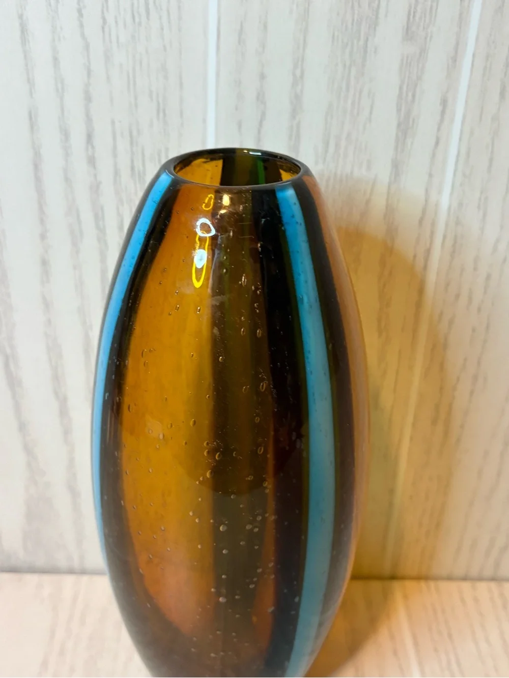 Pier 1 Amber Glass Vase with Blue Stripe Bubble Glass